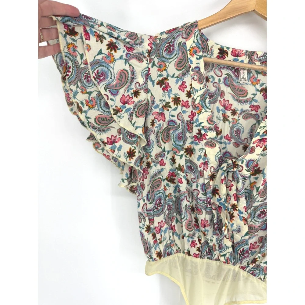 Free People Intimately Call Me Later Paisley Floral Ruffle Tie Front Bodysuit XS